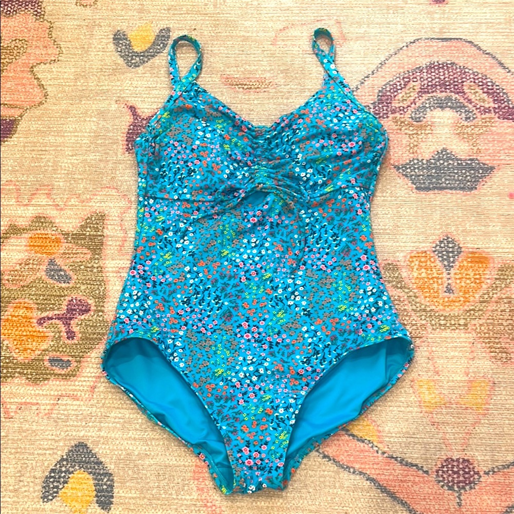 Lands' End Blue Floral One Piece Swimsuit